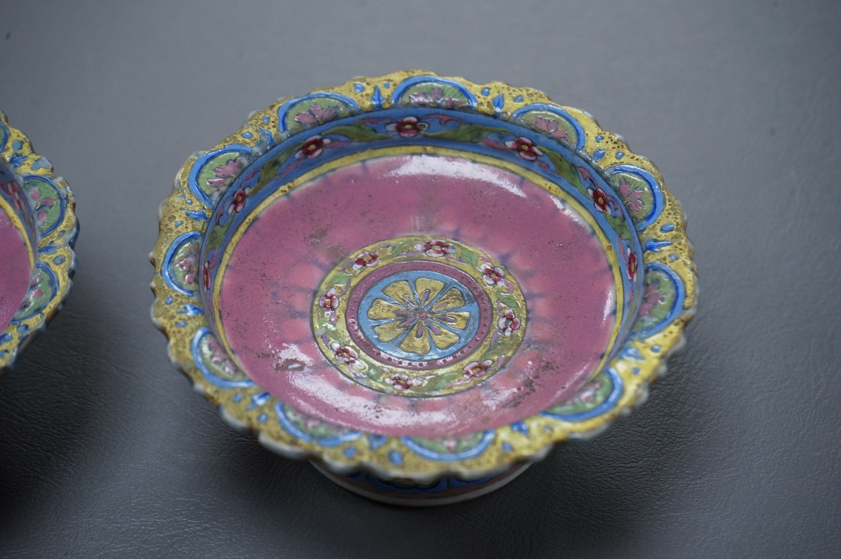 A pair of 19th century Chinese Straits enamelled porcelain stem dishes, top 11cm diameter